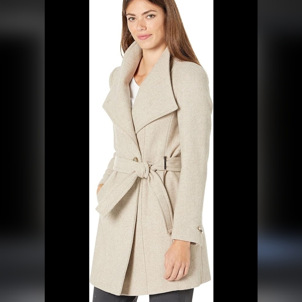 Calvin Klein Neutral Beige Tie-Belt Wool Trench Coat